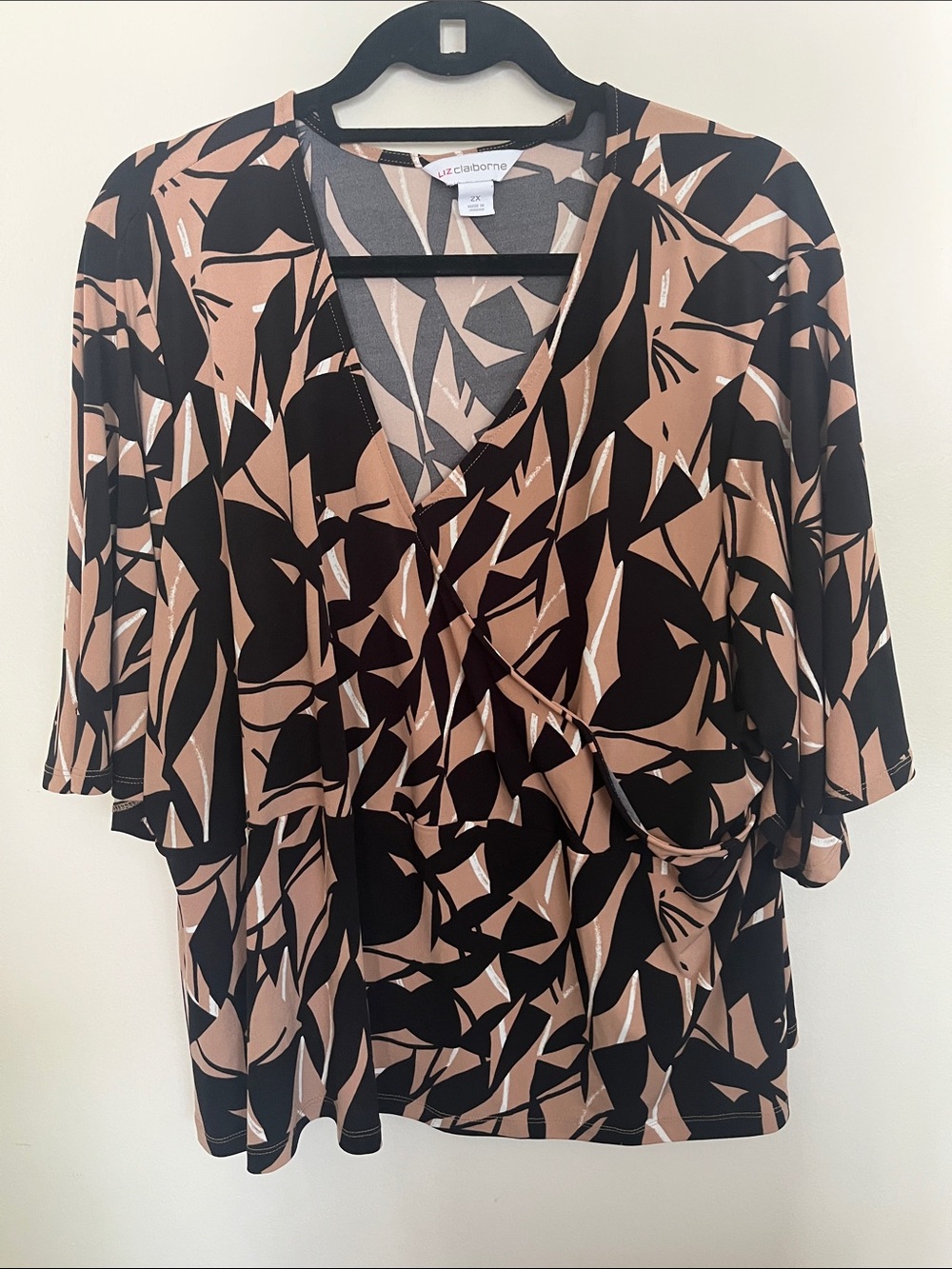 Liz Claiborne Black & Tan Abstract Wrap-Style Blouse